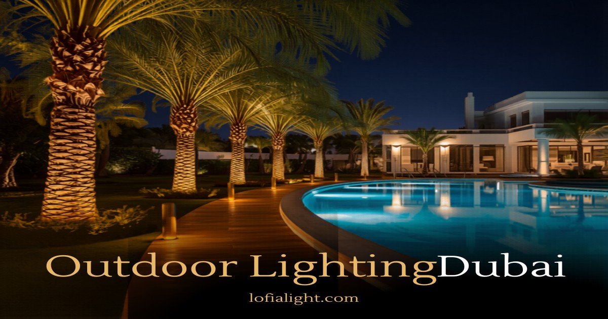 Illuminated Dubai villa garden at night showing outdoor lighting design